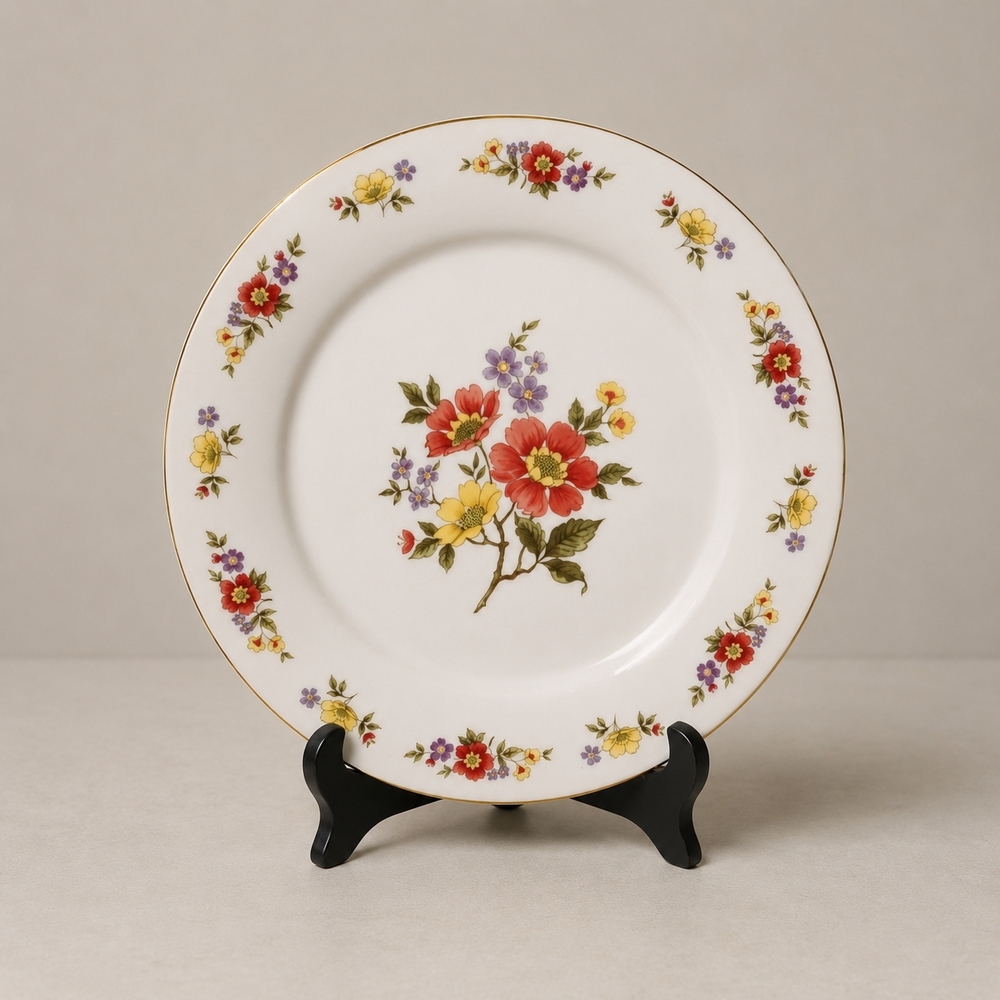 Classic White Floral Dinner Plate with Red and Yellow Flower Motif
